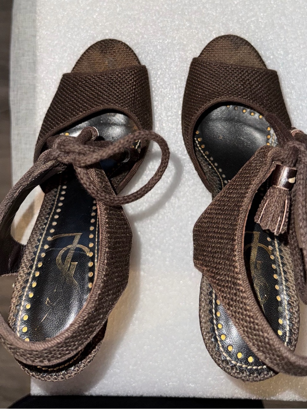 Vintage YSL Brown Woven Gold Platform Wedge Sandals